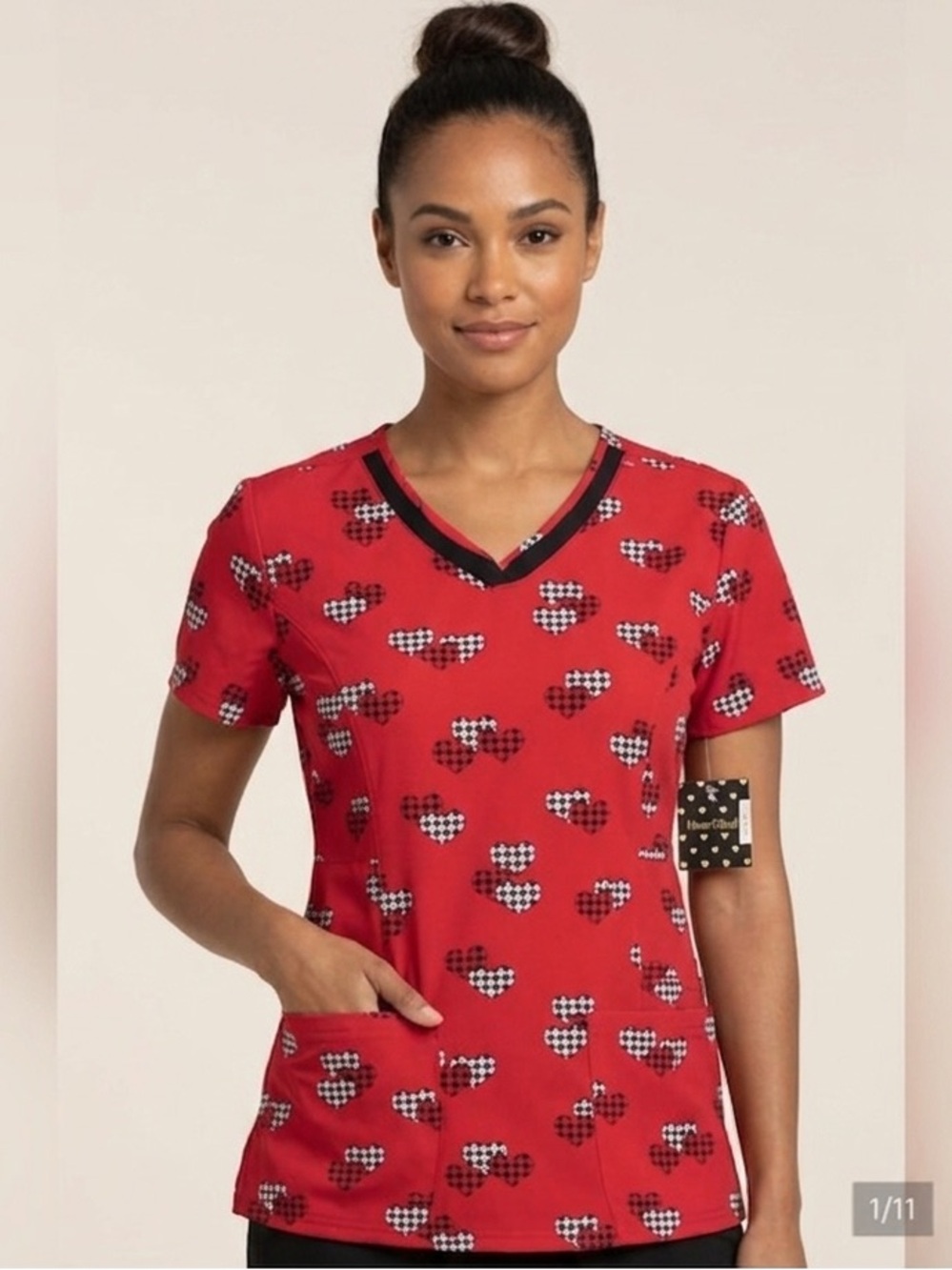 NWT HeartSoul Red & Black Heart Print V-Neck Nursing Scrub Top XS